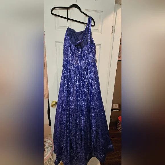 Stunning Blue Sequin By B.Darlin One-Shoulder Gown - Picture 7 of 15